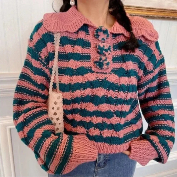 Zara Blogger Fave Striped Textured Knit Peter Pan Collared Sweater Pink & Teal M - Picture 10 of 10